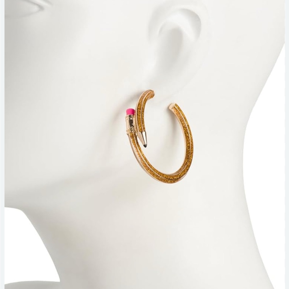 NWT ⚜️✏️⚜️ Betsey Johnson Brown Golden Tone Glittery Pencil Hoop Earrings - Picture 7 of 12